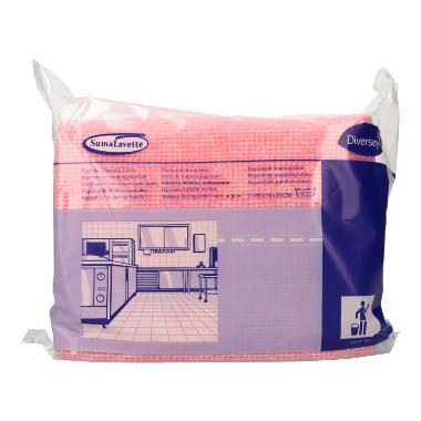 A sealed pack of Suma Lavette – kitchen hygiene cloth with germ stop from Diversey Deutschland GmbH & Co. OHG shows purple-pink graphics, a kitchen illustration, the germ stop symbol, and product information on the front.