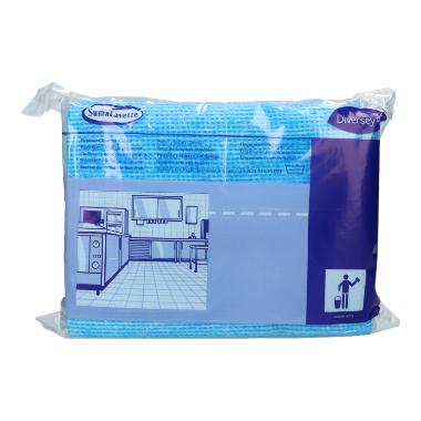A packaged set of blue Suma Lavette – kitchen hygiene cloths with germ stop from Diversey Deutschland GmbH & Co. OHG, with a large kitchen illustration and a disposal symbol. Made from microfiber for optimal cleanliness.