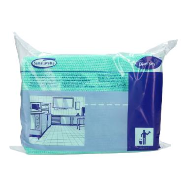 In a transparent plastic bag is the Suma Lavette – kitchen hygiene cloth with germ stop from Diversey Deutschland GmbH & Co. OHG, with blue-white lettering, product branding, and a kitchen illustration.