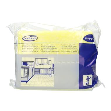 A sealed Suma Lavette – kitchen hygiene cloth with germ stop from Diversey Deutschland GmbH & Co. OHG shows a yellow cloth in transparent packaging with kitchen graphics, germ stop information, and product details on the label.