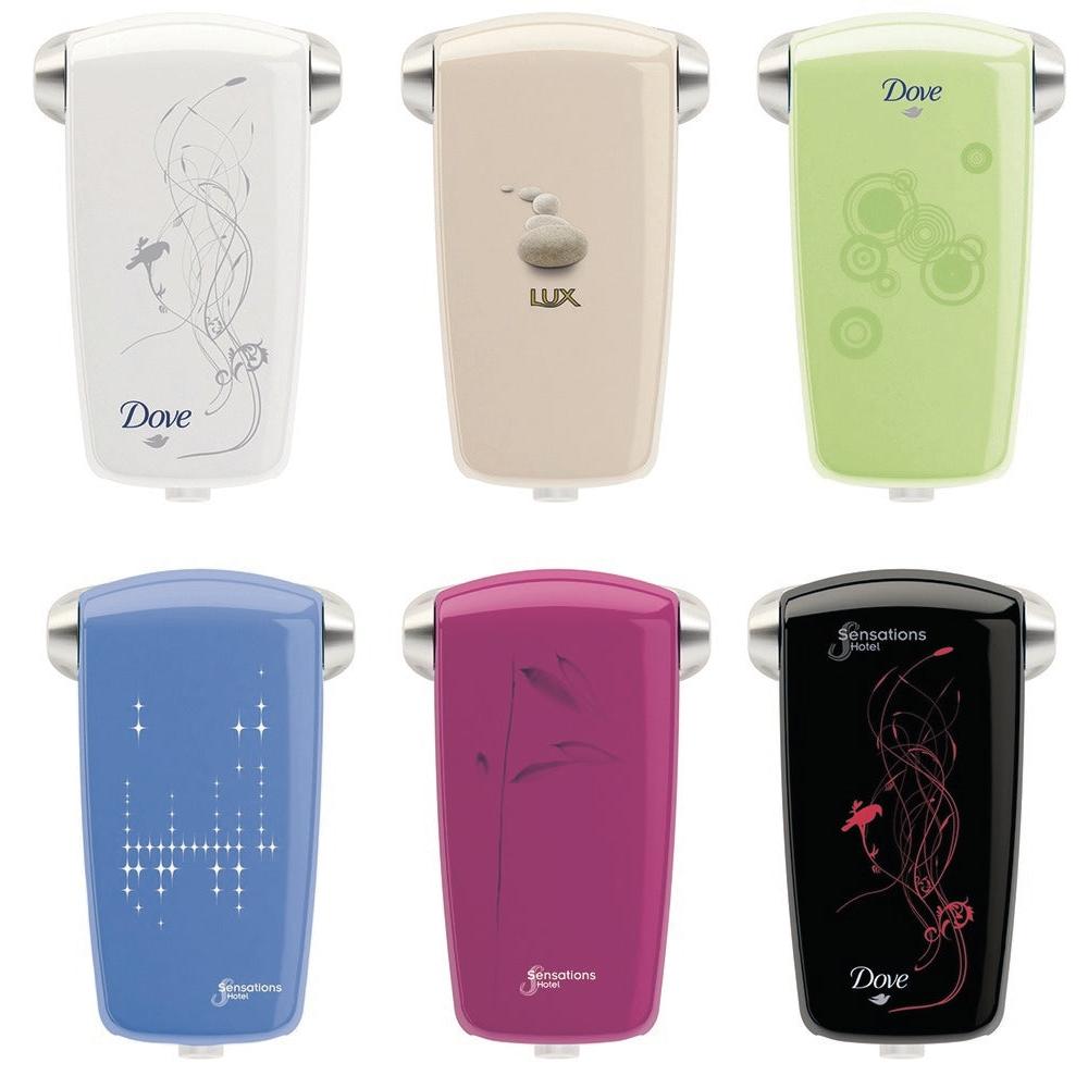 Six soap dispensers with unique plastic covers for customization by Diversey Deutschland GmbH & Co. OHG are arranged in two rows, with different patterns and colors for true customization (1 piece per plastic cover).