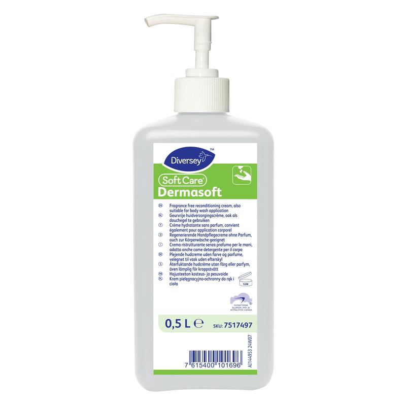 A 0.5-liter pump bottle made of white plastic containing Soft Care Dermasoft skincare cream by Diversey Deutschland GmbH & Co. OHG features a multilingual label with product details and instructions for this moisturizing cream.