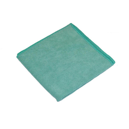 A green TASKI Jonmaster Ultra Cloth XL cleaning cloth 40x40 cm from Diversey Deutschland GmbH & Co. OHG with sewn edges is presented folded on a white background.
