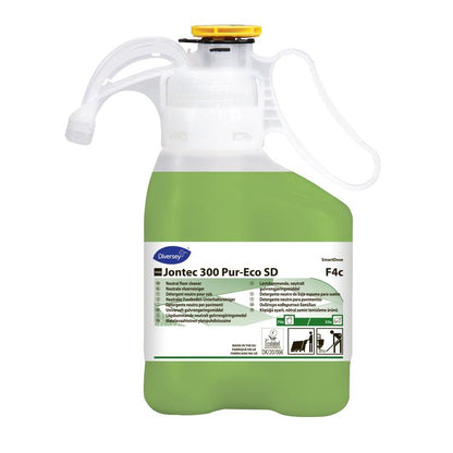 A transparent plastic container with TASKI Jontec 300 Pur-Eco floor cleaner concentrate from Diversey Deutschland GmbH & Co. OHG, filled with green liquid, shows information on the label about floor cleaning use and safety symbols.