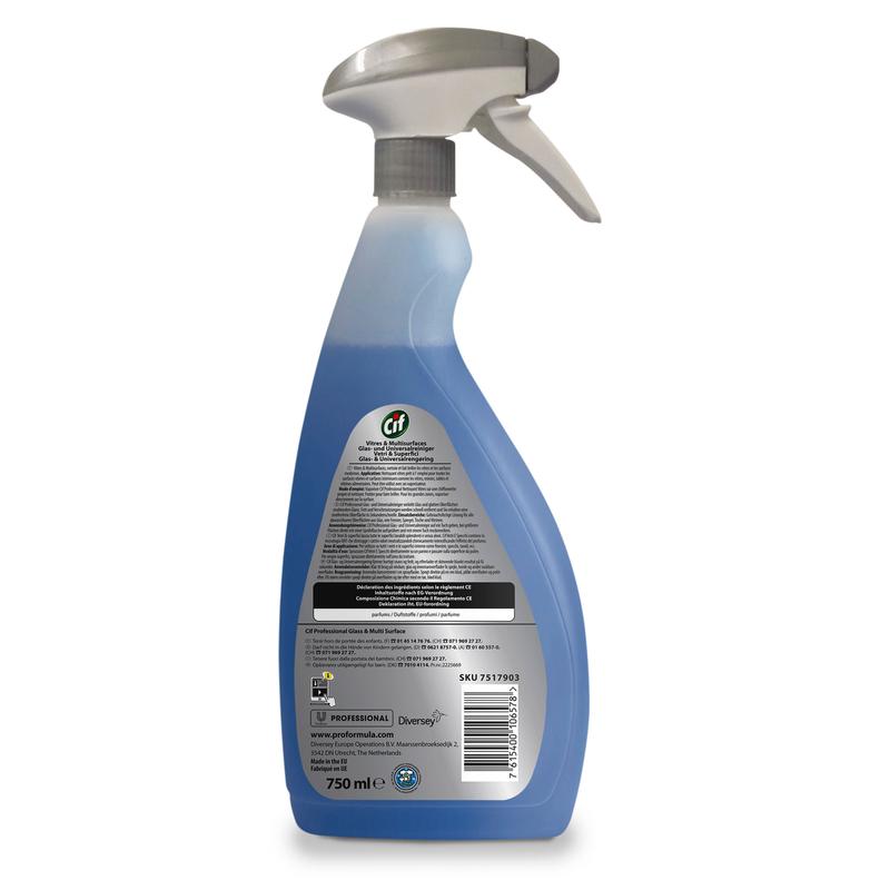 The refillable 750 ml spray bottle of Cif Professional Glass and Multi-Purpose Cleaner from Diversey Deutschland GmbH & Co. OHG ensures streak-free cleanliness with blue cleaner and trigger spray head. The back has a label with text and barcodes.