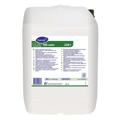 A white 20-liter plastic container with Clax 100 Color 22B1 detergent booster from Diversey Deutschland GmbH & Co. OHG, with product details, brand logo, and instructions for use on the front label.