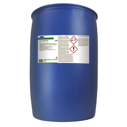 Against a white background stands a large blue drum of Clax 100 Color 22B1 detergent booster from Diversey Deutschland GmbH & Co. OHG, with a white label with text and red hazard symbols, ideal for professional laundry cleaning even at low temperatures.