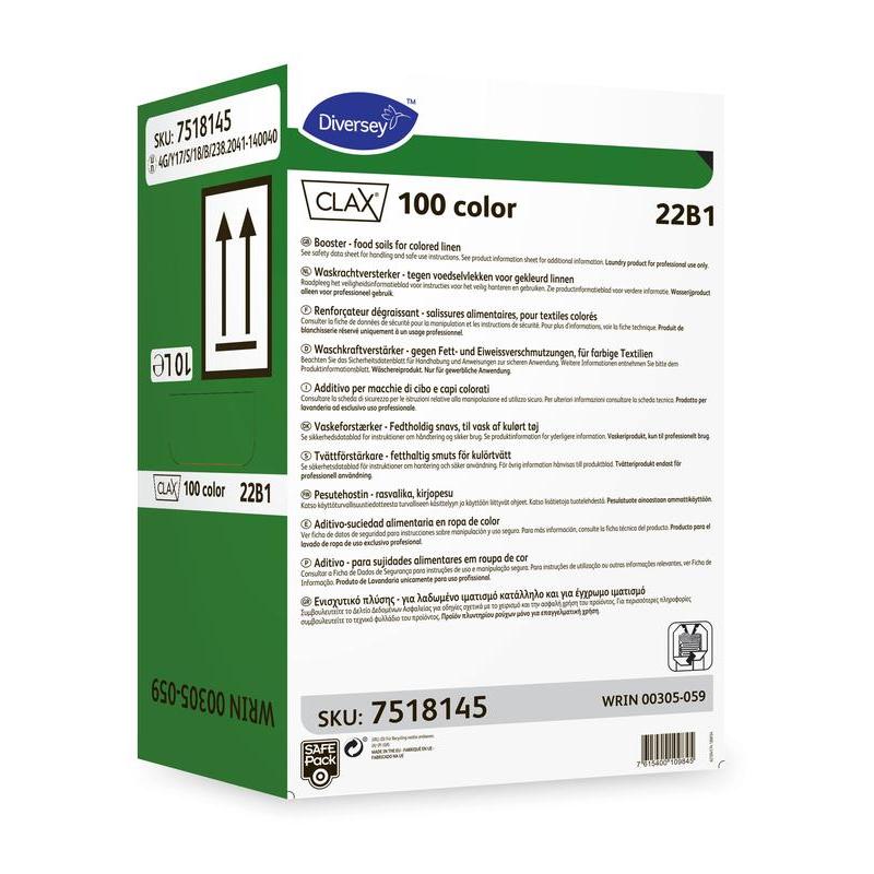 A white box of Clax 100 Color 22B1 detergent booster from Diversey Deutschland GmbH & Co. OHG with green and black text, multilingual product information, SKU/WRIN numbers, and green arrows indicating the correct upright position.