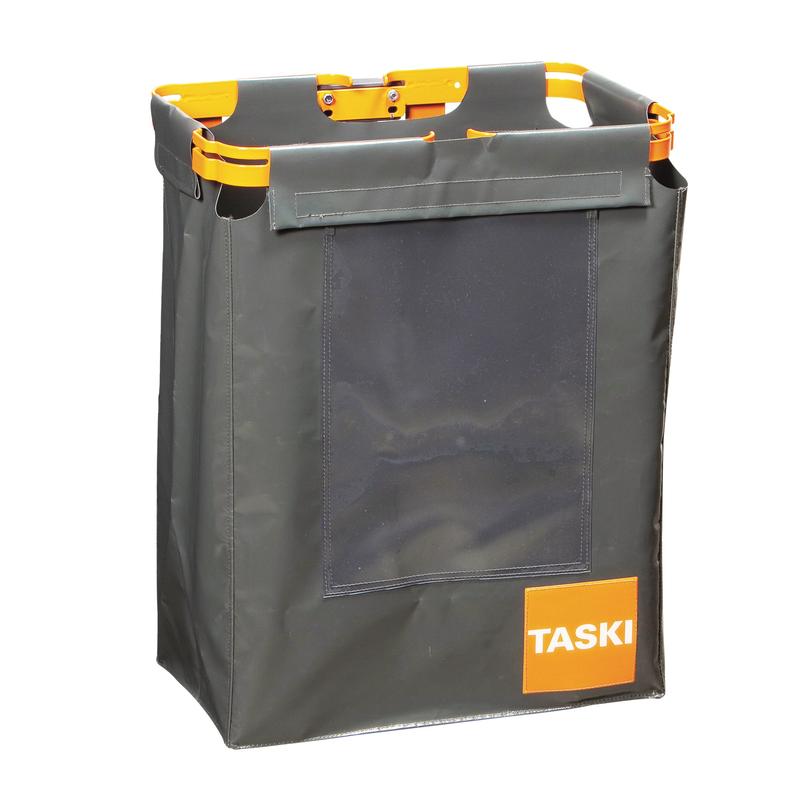 The TASKI oversack for garbage bags from Diversey Deutschland GmbH & Co. OHG is a rectangular, dark gray fabric container with orange handles, an orange frame, a transparent front pocket, and a TASKI label - perfect for hygienic waste disposal.