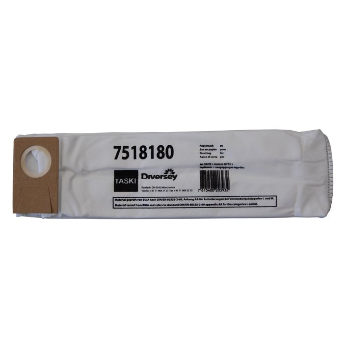 A white disposable non-woven vacuum cleaner bag from Diversey Deutschland GmbH & Co. OHG, with cardboard attachment and product information, for Jet 38/50; 10-pack (box) ideal for cleaning.