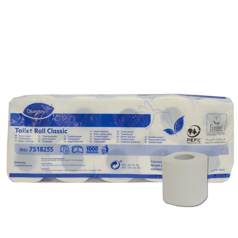 10-pack "Toilet Paper Classic" from Diversey Germany, white 2-ply cellulose, 16.8m per roll, 160 sheets/roll (Ø98mm), environmentally certified; packaging with product information, eco-label, and blue-white design.