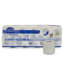 10-pack "Toilet Paper Classic" from Diversey Germany, white 2-ply cellulose, 16.8m per roll, 160 sheets/roll (Ø98mm), environmentally certified; packaging with product information, eco-label, and blue-white design.