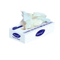 A rectangular box of environmentally certified Diversey DI cosmetic tissues standard box, 2-ply, white (100 pieces), with tissues 21 x 21 cm is taken from the top; the predominantly white box shows blue branding and product information.