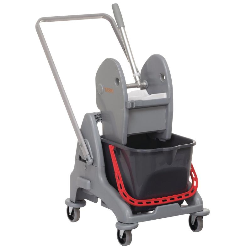 The TASKI Duo Mop single bucket system (15L, red) from Diversey Deutschland GmbH & Co. OHG features a chassis, handle, and press - ideal for professional cleaning and tough commercial use. Package: 1 piece.