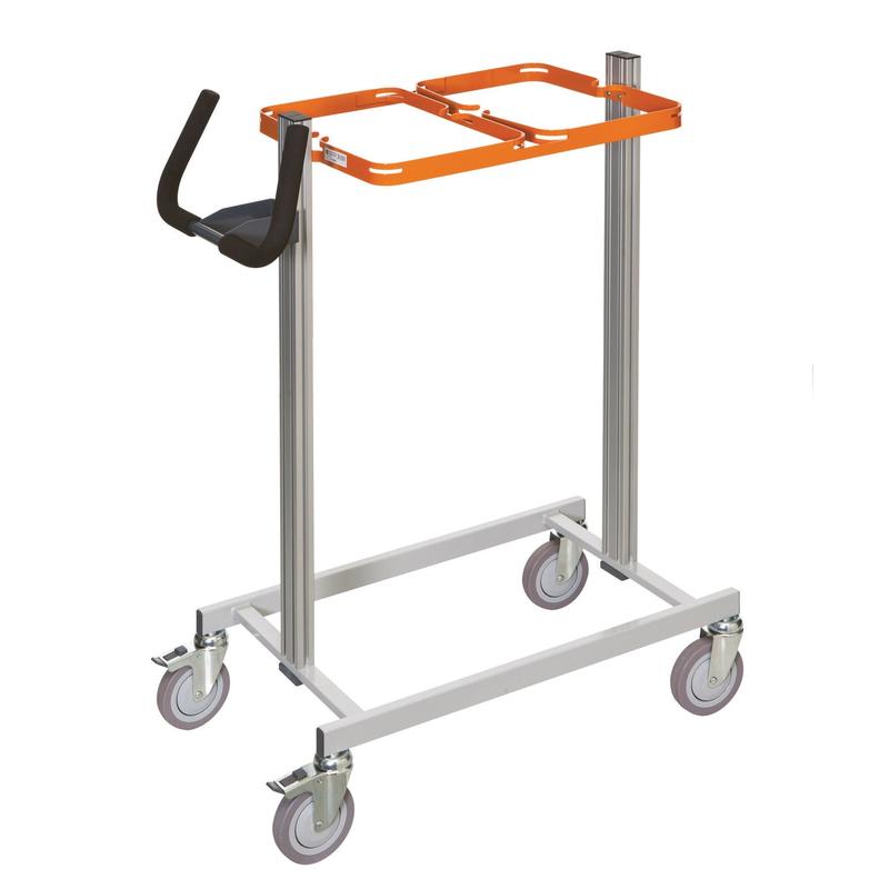 The TASKI Nano Trolley base frame from Diversey Deutschland GmbH & Co. OHG is a robust metal cart with four swivel casters, an orange frame, and two black handles - ideal as versatile accessories for the Nano Trolley.