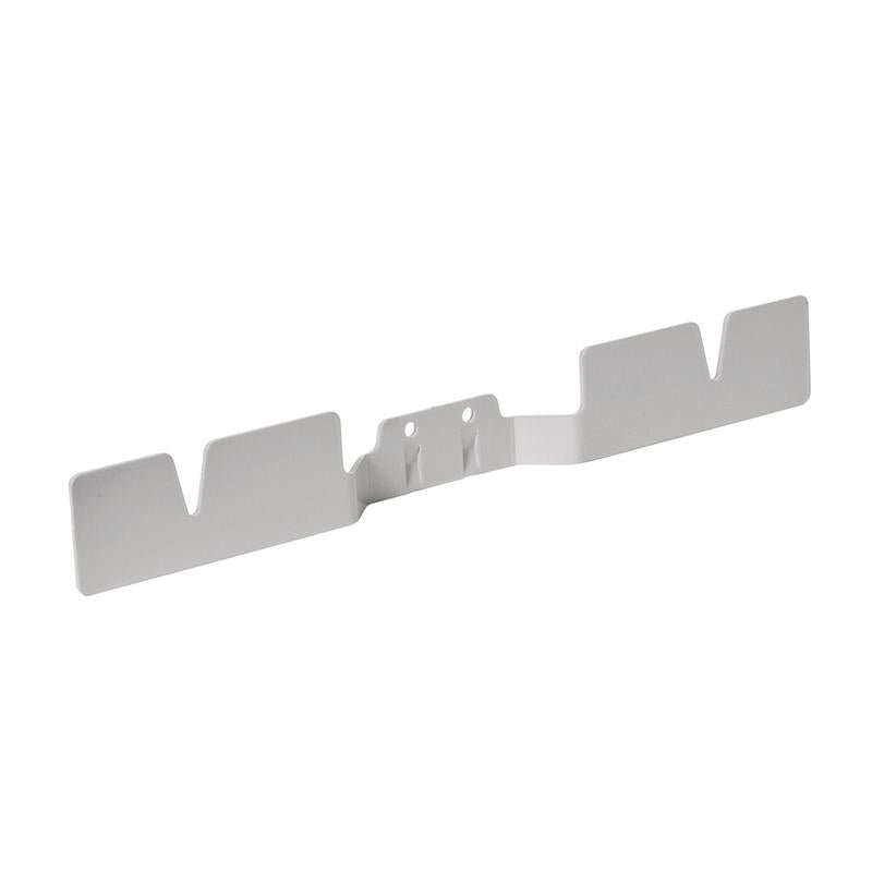 The TASKI Nano holder for drawer by Diversey Deutschland GmbH & Co. OHG is a white metal holder with two central screw holes, notches on both sides, and a slight central bend for stability. Ideal for manual drawer operation (1 piece).