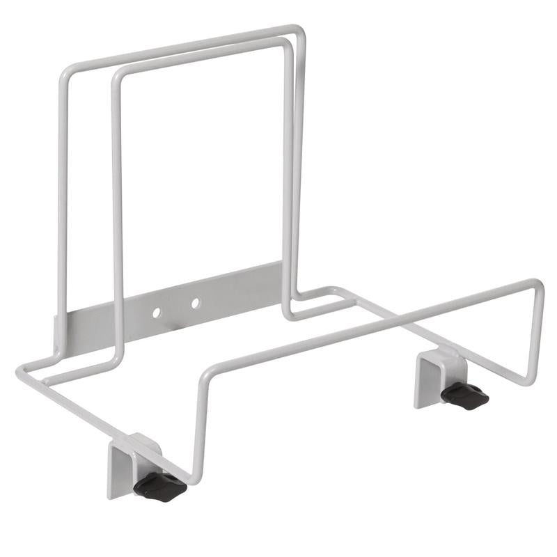 The TASKI Nano Mop Box Holder from Diversey Deutschland GmbH & Co. OHG is a white metal wall holder with two rods and black, adjustable clips, designed for the organized storage of 25 cm, 40 cm, or 60 cm mop boxes. Package: 1 piece.