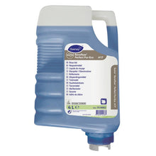 A 4-liter plastic cartridge of Suma Revoflow Perfect Pur-Eco A17, a neutral eco-friendly rinse aid from Diversey Deutschland GmbH & Co. OHG, with blue liquid and a white-blue label with multilingual instructions.