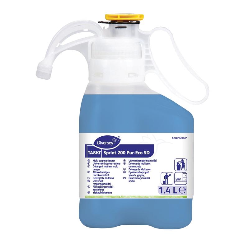 A 1.4L bottle of Diversey TASKI Sprint 200 Pur-Eco, a neutral, streak-free surface cleaner with EU eco-certification from Diversey Deutschland GmbH & Co. OHG, blue liquid, measurement markings, yellow dispenser cap and information label.