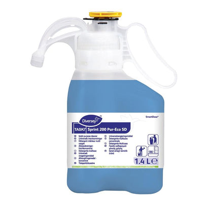 A 1.4L bottle of Diversey TASKI Sprint 200 Pur-Eco, a neutral, streak-free surface cleaner with EU eco-certification from Diversey Deutschland GmbH & Co. OHG, blue liquid, measurement markings, yellow dispenser cap and information label.