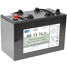 A black battery traction block 12V/76Ah gel battery from Diversey Deutschland GmbH & Co. OHG, maintenance-free with red/black clamps and safety/recycling symbols on a white label. Operating voltage: 12V, capacity: 76Ah. Packaging (1 piece).