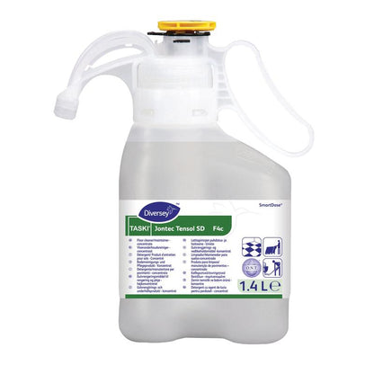 A 1.4-liter TASKI Jontec Tensol high-concentrate cleaner from Diversey Deutschland GmbH & Co. OHG with SmartDose system, handle, and spout, designed for professional surface and floor cleaning.