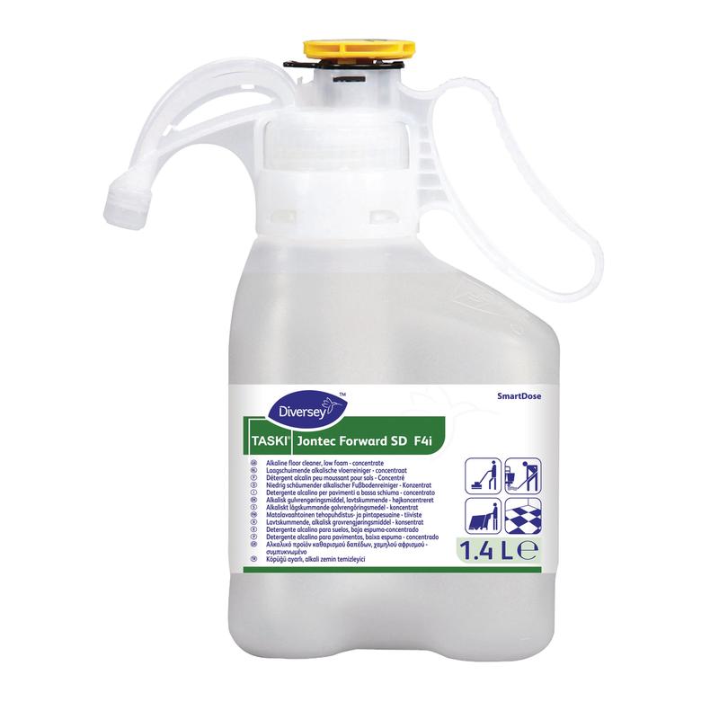 A 1.4-liter plastic container from Diversey Deutschland GmbH & Co. OHG TASKI Jontec Forward floor cleaner concentrate, with a white body, green label, yellow cap, dosing handle, instructions, and cleaning symbols.