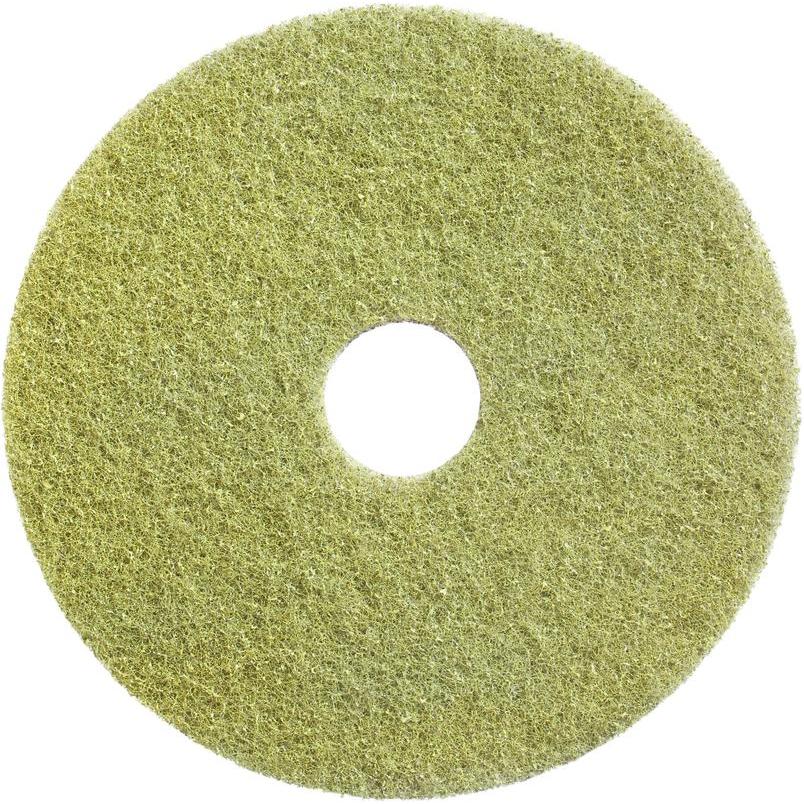 The Diversey Twister Pad (yellow) by Diversey Deutschland GmbH & Co. OHG is a round restoration pad with a hole for stone floors and offers a textured surface, ideal for cleaning. Product image on a white background.