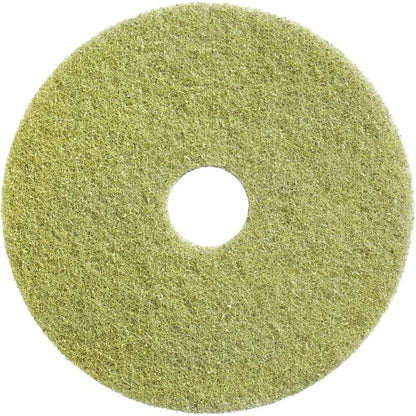 The Diversey Twister Pad (yellow) from Diversey Deutschland GmbH & Co. OHG is a round, green-yellow restoration pad with texture and a hole for cleaning and restoring stone floors, depicted against a white background.