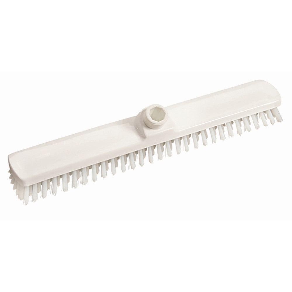The scrub brush 400x60x26 mm, hard from Diversey Deutschland GmbH & Co. OHG is white, rectangular, with hard bristles and a central threaded hole for a handle – ideal for thorough floor and surface cleaning.