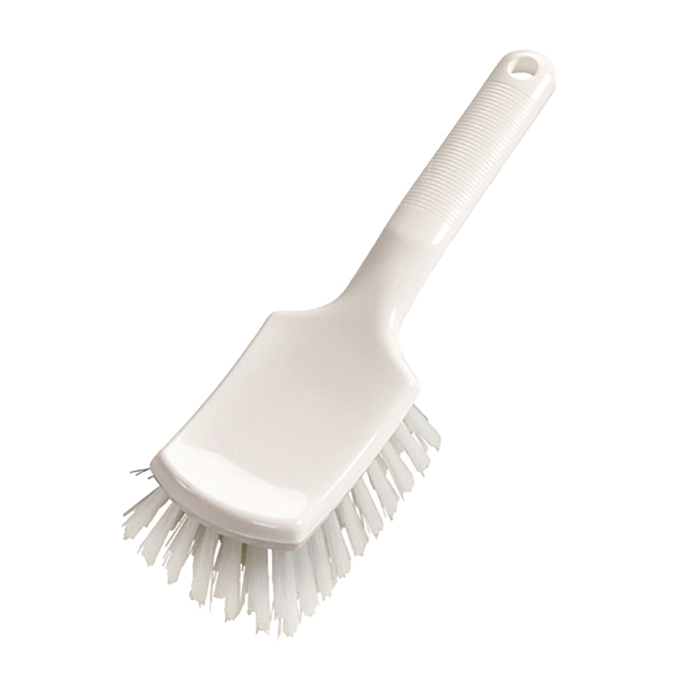 The handle brush 260 x 72 x 35 mm from Diversey Deutschland GmbH & Co. OHG features a short handle, hard bristles, a flat, wide head, and a textured white plastic handle with a hanging hole.