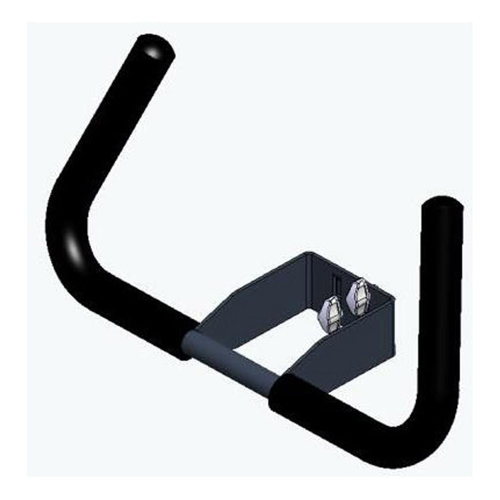 A digital rendering of the TASKI handlebar - Nano, curved handlebar for TASKI Nano trolleys (1 piece) by Diversey Deutschland GmbH & Co. OHG shows a black handlebar with upward curved ends and two mounting bolts on a plain light background.