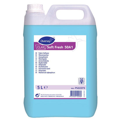 A 5L plastic container from Diversey Deutschland GmbH & Co. OHG Clax Soft Fresh 50A1 fabric softener with a fresh scent, blue liquid, multilingual label, top carrying handle; leaves a fresh scent and reduces the static charge of the laundry.