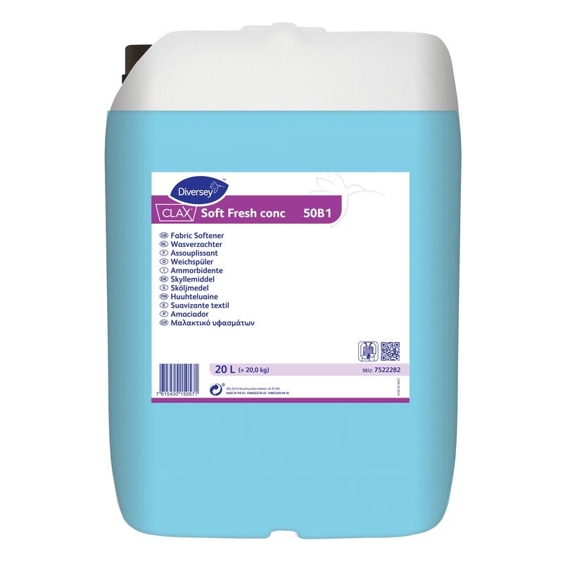 A blue 20-liter canister of Clax Soft Fresh conc 50B1, a concentrated fabric softener with a fresh scent from Diversey Deutschland GmbH & Co. OHG, ideal for commercial laundries, with multilingual product information.