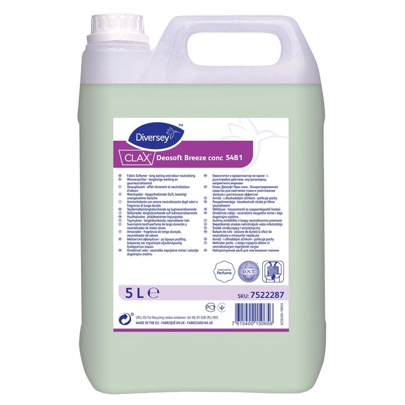 A 5-liter plastic container of Diversey Deutschland GmbH & Co. OHG Clax Deosoft Breeze conc 54B1 concentrated fabric softener is equipped with a purple-white label with product information and application instructions for commercial use.