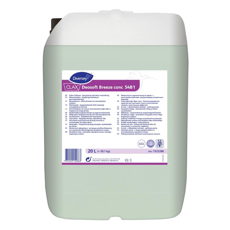 A 20-liter container Clax Deosoft Breeze conc 54B1 concentrated fabric softener from Diversey Deutschland GmbH & Co. OHG with multilingual product information and instructions on the front label.