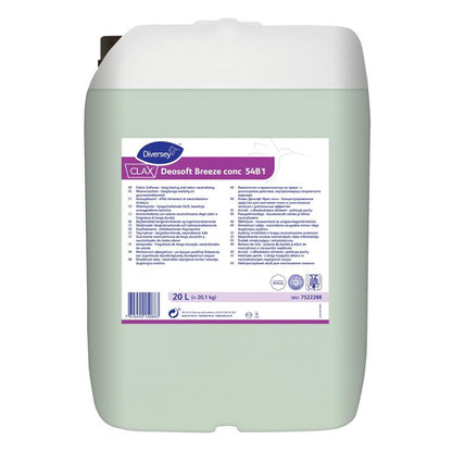 A 20-liter container Clax Deosoft Breeze conc 54B1 concentrated fabric softener from Diversey Deutschland GmbH & Co. OHG with multilingual product information and instructions on the front label.