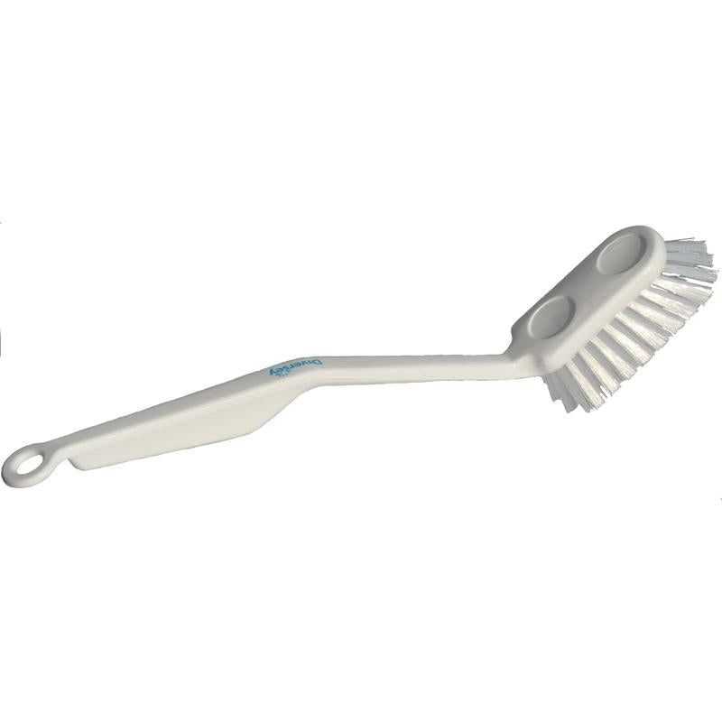 The medium dish brush (285 x 33 x 20 mm) from Diversey Deutschland GmbH & Co. OHG is a white plastic brush with a curved handle, hanging hole, and stiff, angled bristles - ideal for daily use.