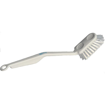 The medium dish brush (285 x 33 x 20 mm) from Diversey Deutschland GmbH & Co. OHG is a white plastic brush with a curved handle, hanging hole, and stiff, angled bristles - ideal for daily use.