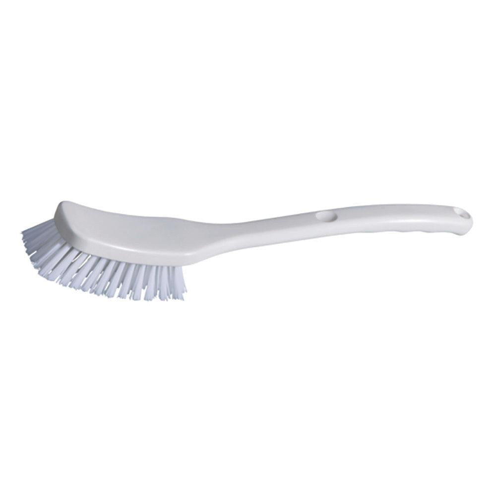 The Universal Brush - medium hardness (295 x 40 x 55 mm, 2 pieces) from Diversey Deutschland GmbH & Co. OHG is a white plastic dish brush with a curved handle and stiff bristles for cleaning all surfaces, pictured on a smooth surface.
