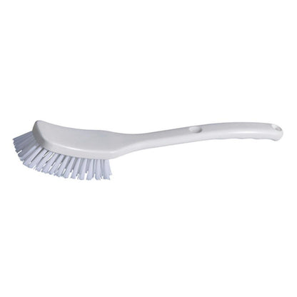 The Universal Brush - medium hardness (295 x 40 x 55 mm, 2 pieces) from Diversey Deutschland GmbH & Co. OHG is a white plastic dish brush with a curved handle and stiff bristles for cleaning all surfaces, pictured on a smooth surface.