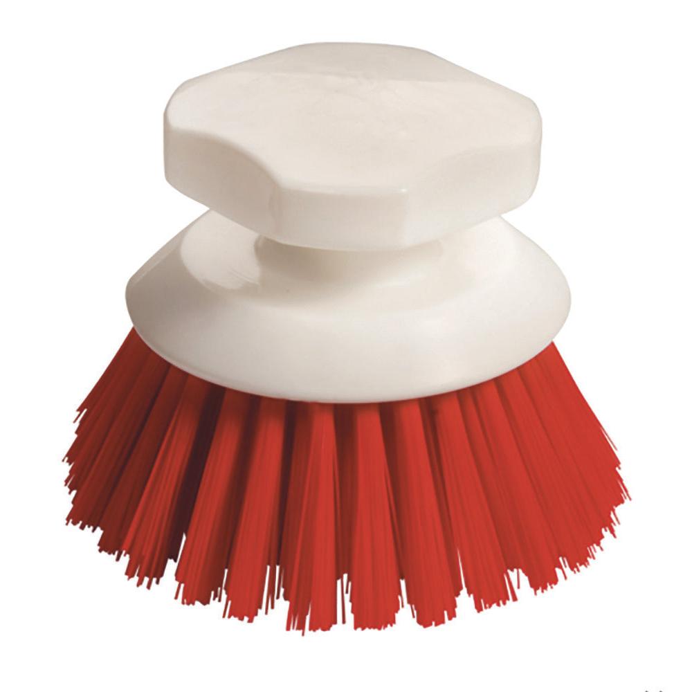 The button brush with hard bristles 90x120mm from Diversey Deutschland GmbH & Co. OHG, with a white plastic handle and red bristles, is shown against a plain white background for thorough cleaning.