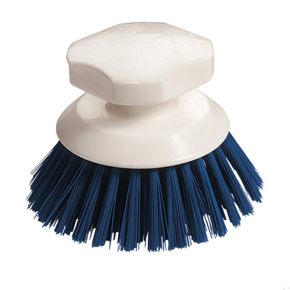 The button brush with hard bristles 90x120mm from Diversey Deutschland GmbH & Co. OHG with a white plastic handle is seen on a white background - ideal for thorough cleaning.