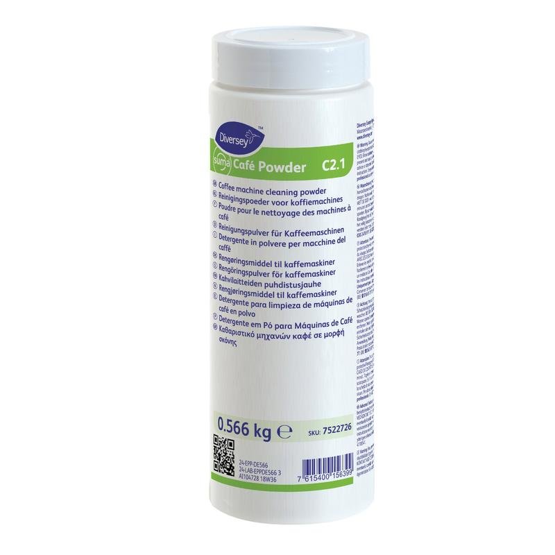 A white cylindrical container labeled "Suma Café Powder C2.1, cleaning powder for coffee machines" (566 g) from Diversey Deutschland GmbH & Co. OHG with clearly visible multilingual product information on the label.