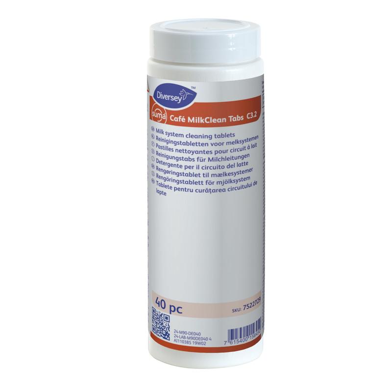 A white cylindrical container labeled "Suma Café MilkCleanTabs C3.2" by Diversey Deutschland GmbH & Co. OHG, contains 40 milk system cleaning tablets for cleaning the milk systems of coffee machines. Several languages are listed on the front.