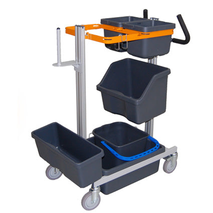 The TASKI Nano Trolley for Procarpet from Diversey Deutschland GmbH & Co. OHG features 4 grey containers in various sizes, a container with a blue handle, an orange frame, and swivel casters - ideal for carpet cleaning and manual use.
