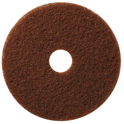 The TASKI Americo Pad Brown from Diversey Deutschland GmbH & Co. OHG is a round, brown, textured floor cleaning pad with a center hole for aggressive cleaning of stubborn dirt, depicted on a white background.