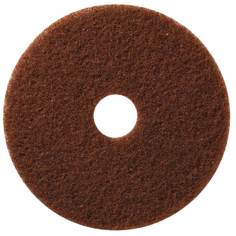 A brown, round TASKI Americo Pad Brown - Aggressive floor cleaning pad from Diversey Deutschland GmbH & Co. OHG with a rough texture and central hole, ideal for tough cleaning, shown from above on a white background.
