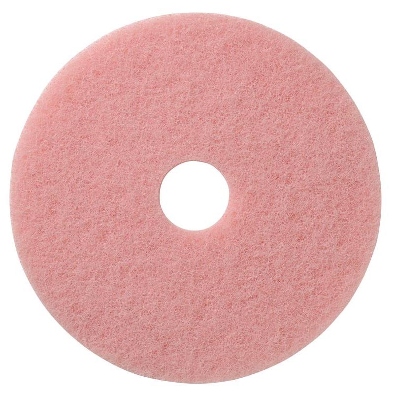 The TASKI Americo Remover Pad Kombipad for cleaning and polishing from Diversey Deutschland GmbH & Co. OHG is a round, flat, pink pad with a center hole - perfect for cleaning and polishing tasks.