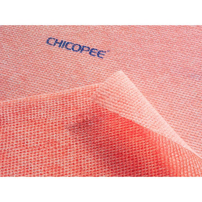 Close-up of two pink Suma Lavette Medium kitchen hygiene cloths with germ stop from Diversey Deutschland GmbH & Co. OHG, one partially overlapping the other, with blue "CHICOPEE" print on the top fabric.